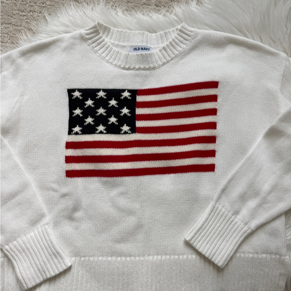 Old Navy Crewneck American Flag Sweater in Magnolia White 100% Cotton - Picture 2 of 7